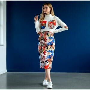 Nuvula Avant Garde Japanese Flower Print Cutout Turtleneck Midi Dress size M